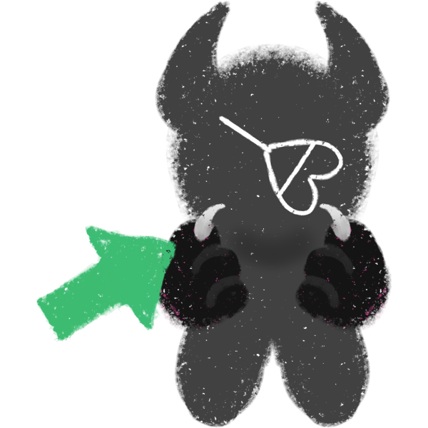 a simple drawing of a grey monster with a "agender/no gender" symbol made with a heart on its face, it has both paws pointing towards itself, a green arrow Is pointing at it.